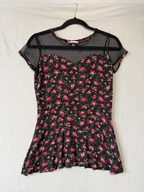 Reitmans Womens Dark Floral Mesh Peplum Top S/P Black Forest Fairy Whimsigoth